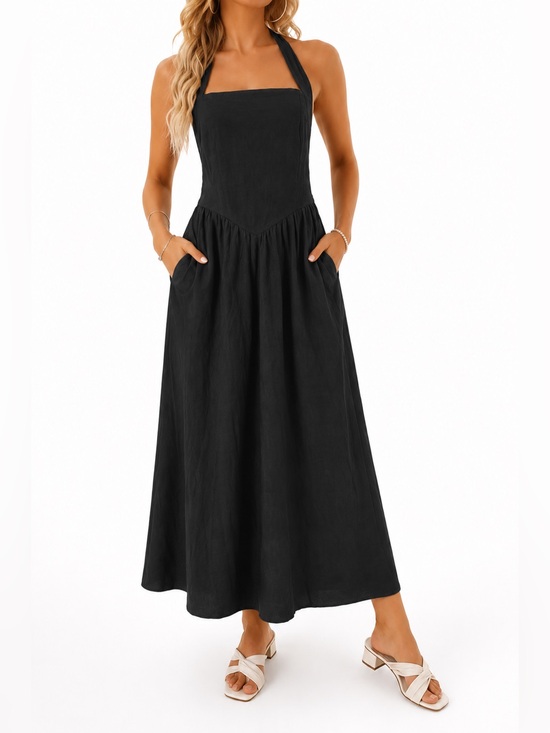 Zesica Dresses & Skirts - ZESICA Women Black Halter Maxi Dress L Summer Smocked Pockets Lined NWT